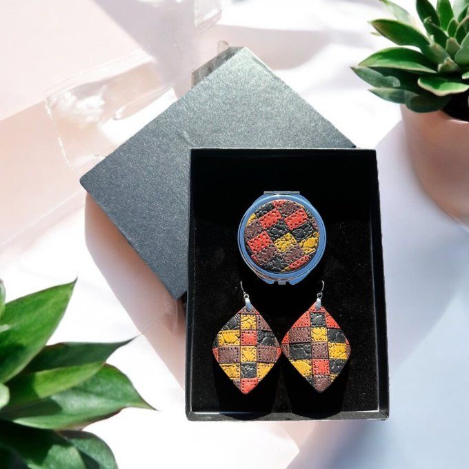 Coffret Boucles d'oreilles & Miroir de poche assortis