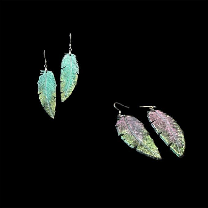 Boucles d'oreilles Plumes caméléon vert/violet